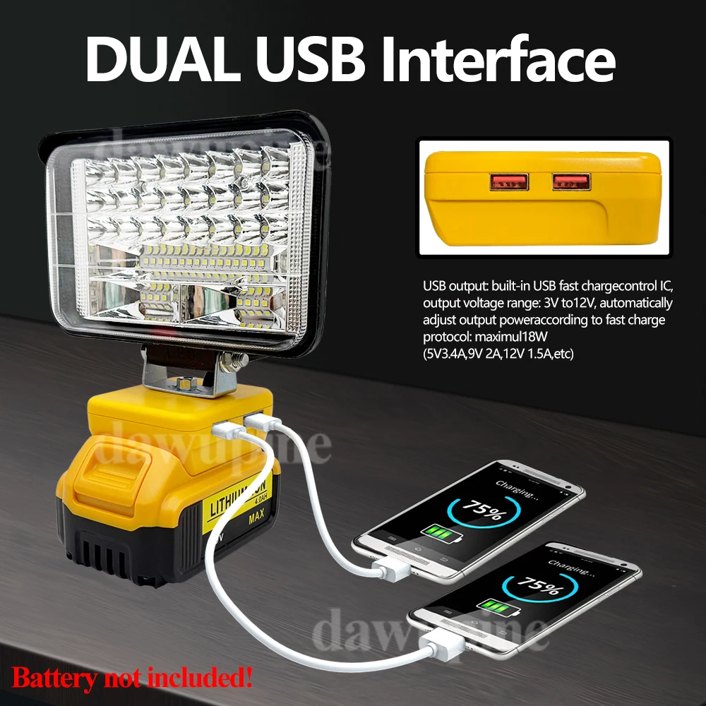 5 Inch LED Working Light Camping Lamp Spotlights Flashlight Torch for Dewalt 18V 20V Li-ion Battery DCB200 DCB180 USB Power Bank