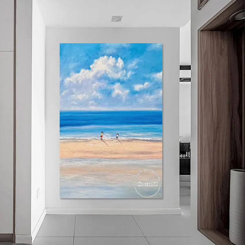 Wall Decoration Canvas Picture, Beach Seascape, Couple Playing Handmande, Knife Oil Painting, Decorative Item, Abstract Wall Art