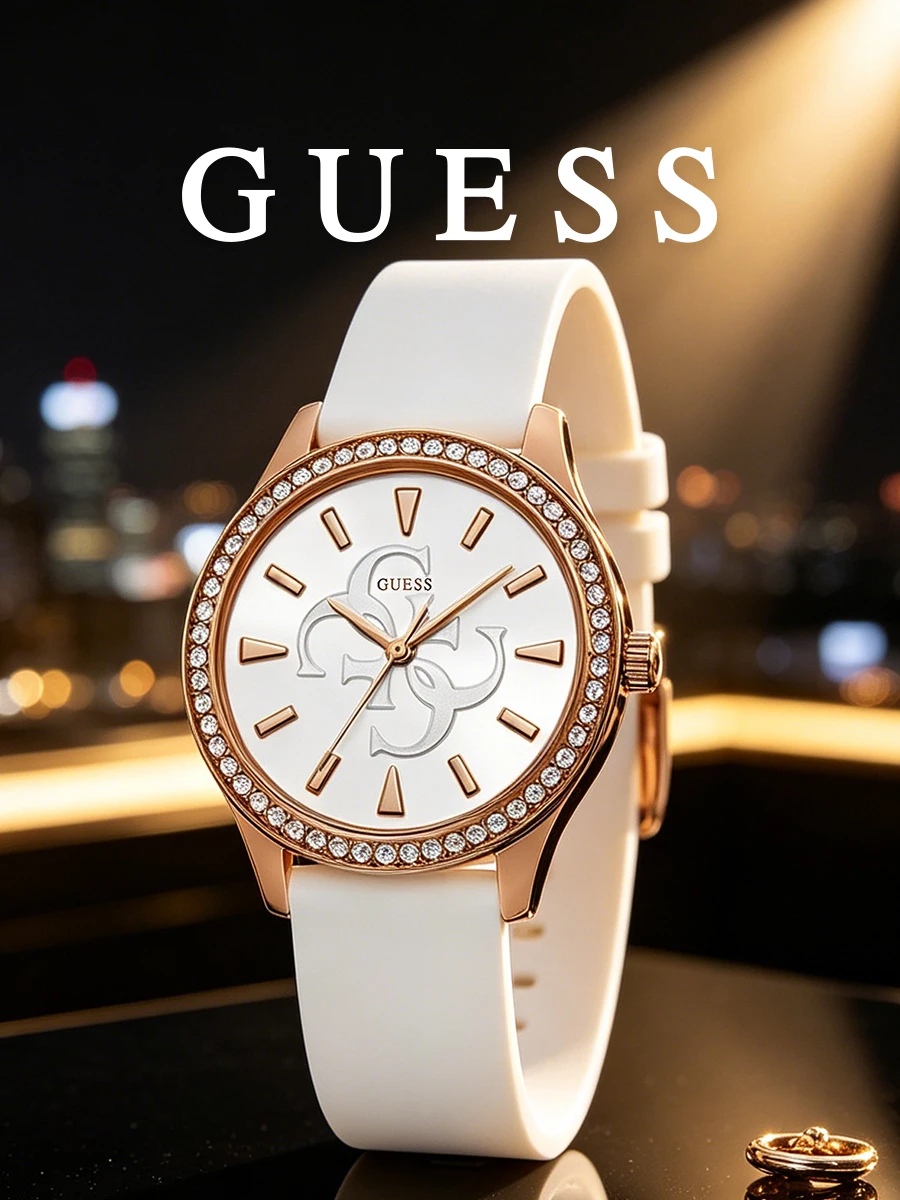 GUESS Women Quartz Wristwatch Rose Gold Case Crystal Bezel White Silicone Strap Waterproof Dress Watch For Shopping Party Dating