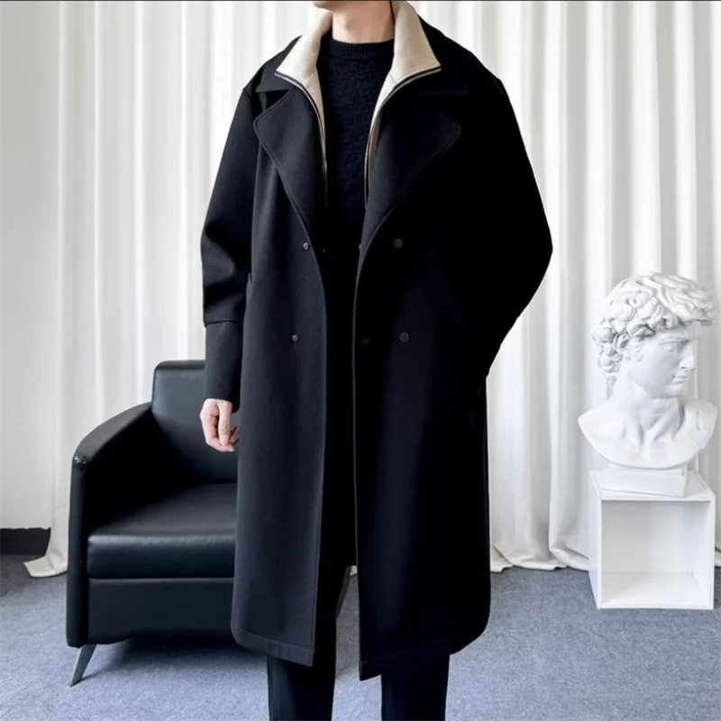 2025 American fake two trench coat men autumn and winter retro senior sense leisure long hooded coat