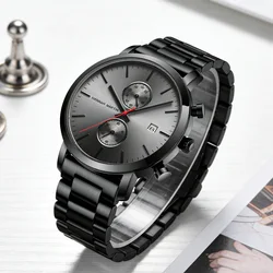 Dropshipping Mens Watch Quartz Movement Full Black Stainless Steel Multi-function Simple Dial Calendar Top Brand Luxury Watches