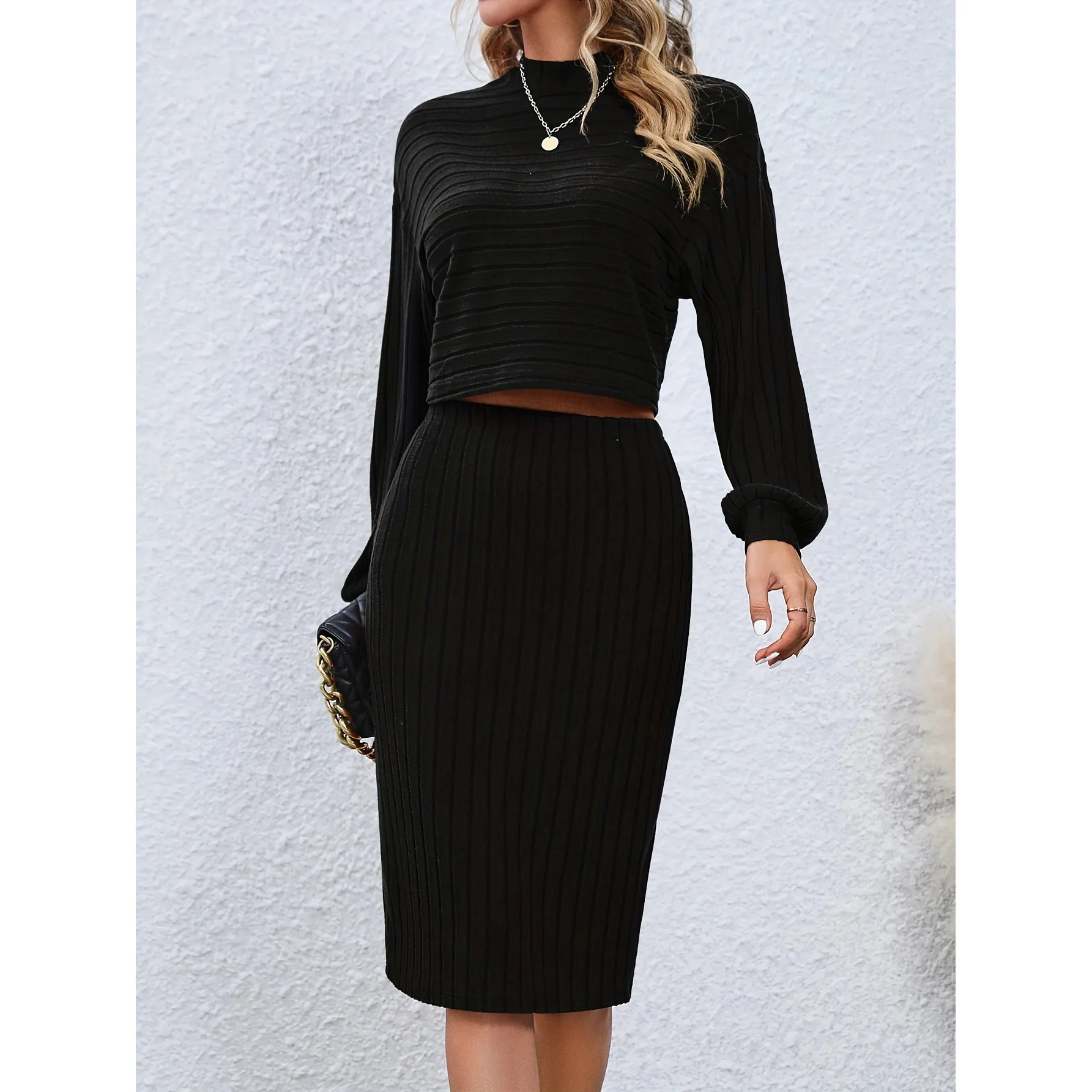 2024 New Arrivals Matching Sets Long-sleeved Top Solid Color Hip Skirt Two-piece Set Women\'s Clothing