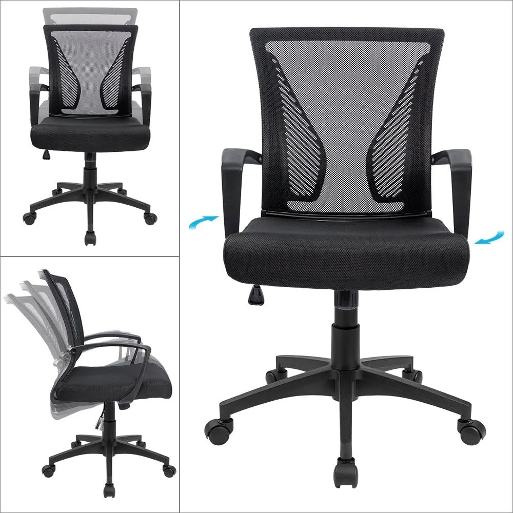 Mid Back Swivel Lombar Support Office Chair, Computador Ergonômico Mesh Chair com Braço, Mesa Preta