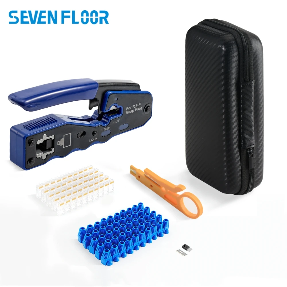 Pass Through RJ45 Crimping Tool Kit, 3-in-1 Crimp Cut Strip, 8P Network Crimper for Cat6A Cat6 Cat5e Ethernet Cable with Plugs