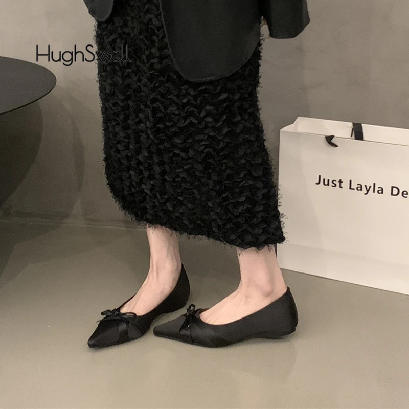 Luxury Satin Silk Bowtie Ballet Flats Woman Pointed Toe Inner Height Ballerina Shoes Ladies Elegant Evening Party Shallow Loafer