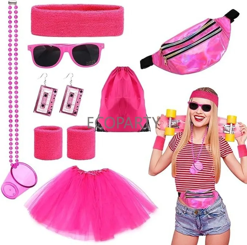 80s Halloween Party Costume Decoration Props Hairband Protector Wrist Earrings Waistpack Tutu Skirt Accessories Eight Piece Set