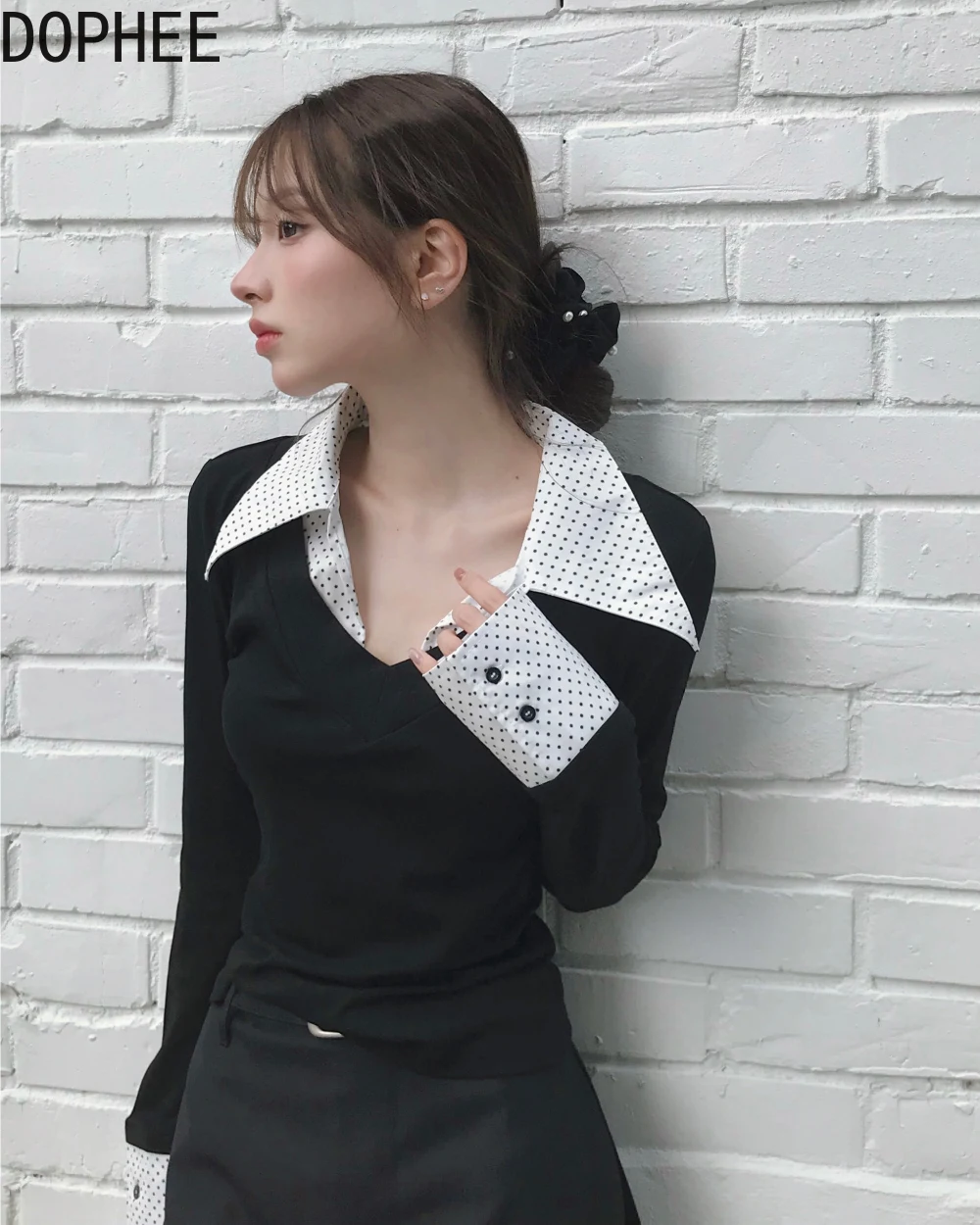 

Корейский новый дизайн, искусственная двухсекционная футболка в горошек с v-образным вырезом и длинными рукавами, элегантный осенне-зимний женский пуловер, топ, тонкие базовые футболки