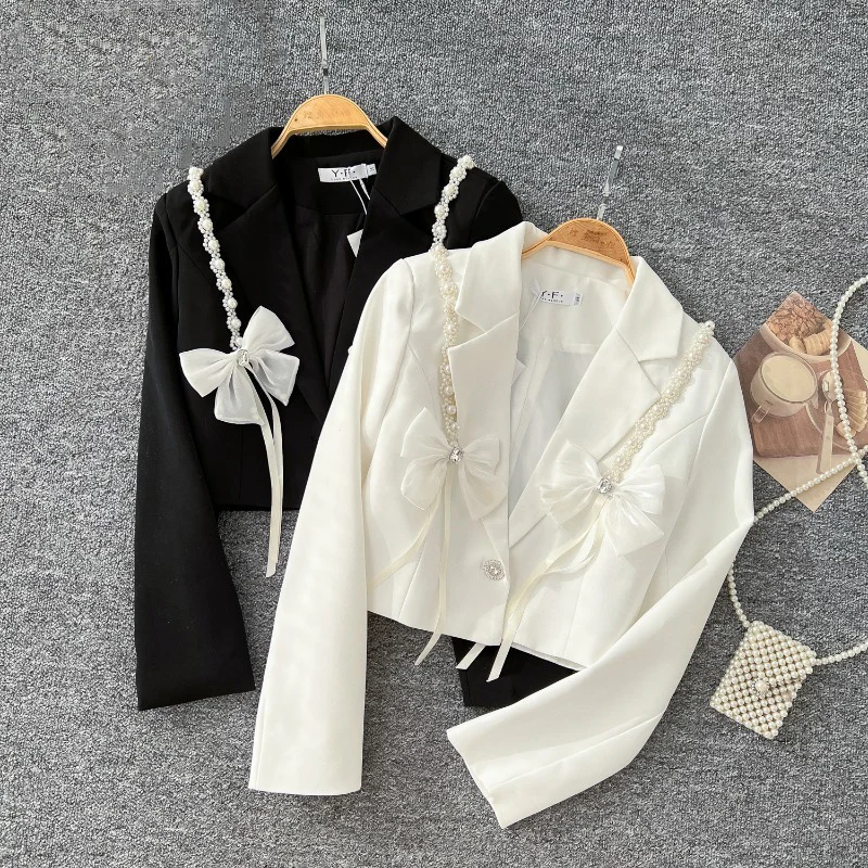 

Beading Sweet Bows Short Blazer Woman Korean Fashion Spring Autumn Elegant Blazers Mujer Vintage Ropa De Mujer