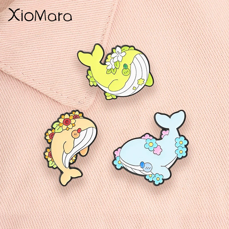 Cartoon Floral Ocean Animal Enamel Pins Cute Sea Creature Whale Colorful Flower Wreath Brooches Lapel Badge Jewelry Gifts