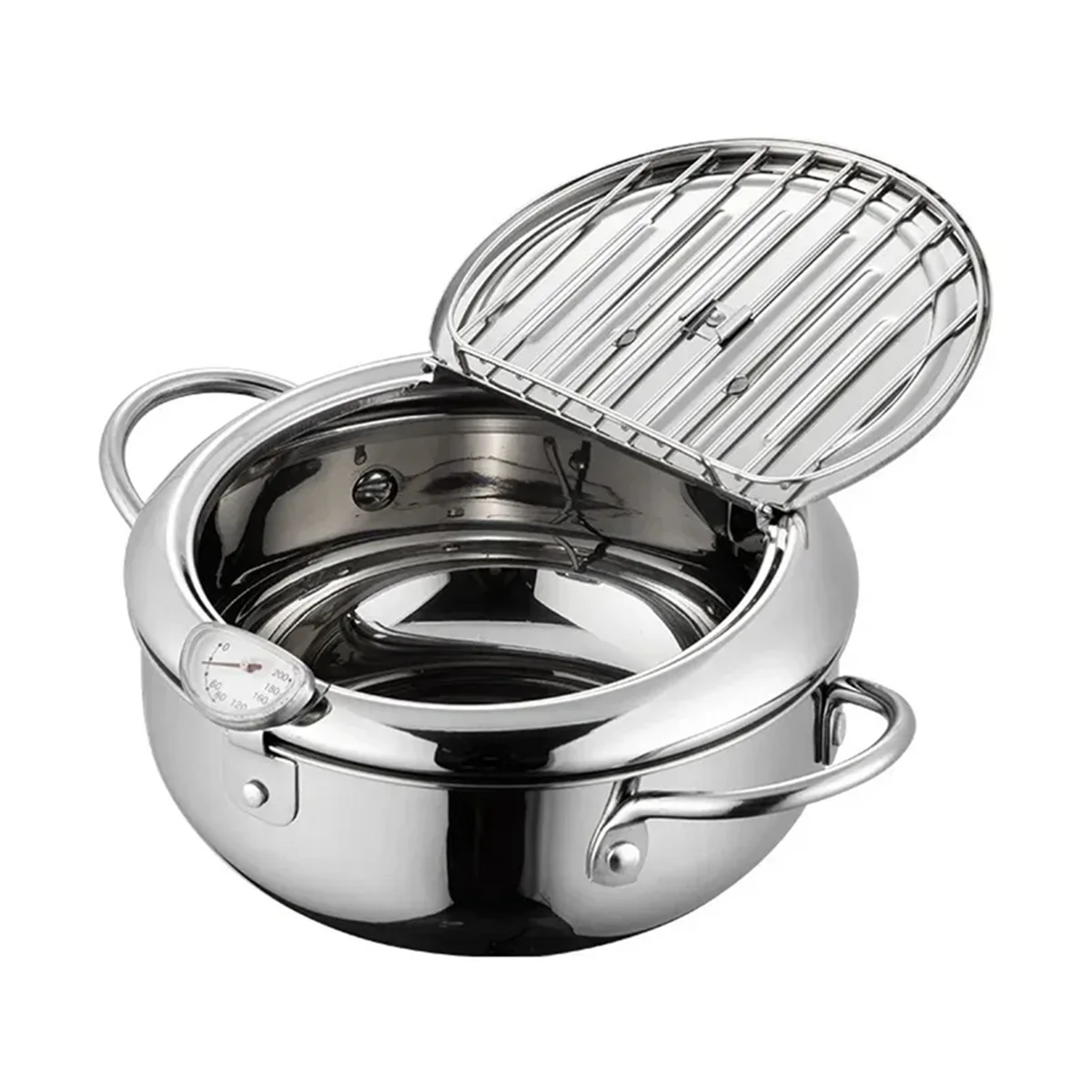 

HHTL Japanese Tempura Fryer Pan with Thermometer and Lid, 304 Stainless Steel Deep Frying Pot for Kitchen