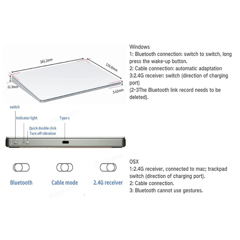 Draagbare Bluetooth USB Draadloos Trackpad Touchpad voor Win/Mac/IOS Multifunctionele gebaren Draadloos oplaadbaar trackpad
