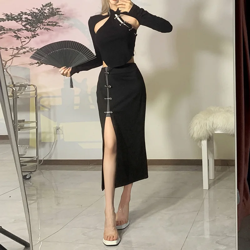 

Женская одежда, Новинка весна-осень 2022, китайский стиль, Ципао, украшение с металлической пряжкой, блузка с длинным рукавом, Тонкий Модный комплект платья