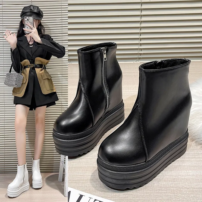 12CM High Heels Autumn Winter Inner Height-increasing Women's Boots Waterproof Platform Ladies Thick-soled Wedge Ankle Booties