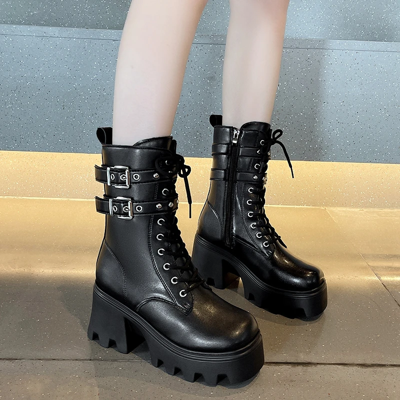 

8.5CM High Platform Gothic Boots Autumn Winter Leather Shoes Punk Street Cosplay Mid-calf Boots Belt Buckle Motorcycle Botas