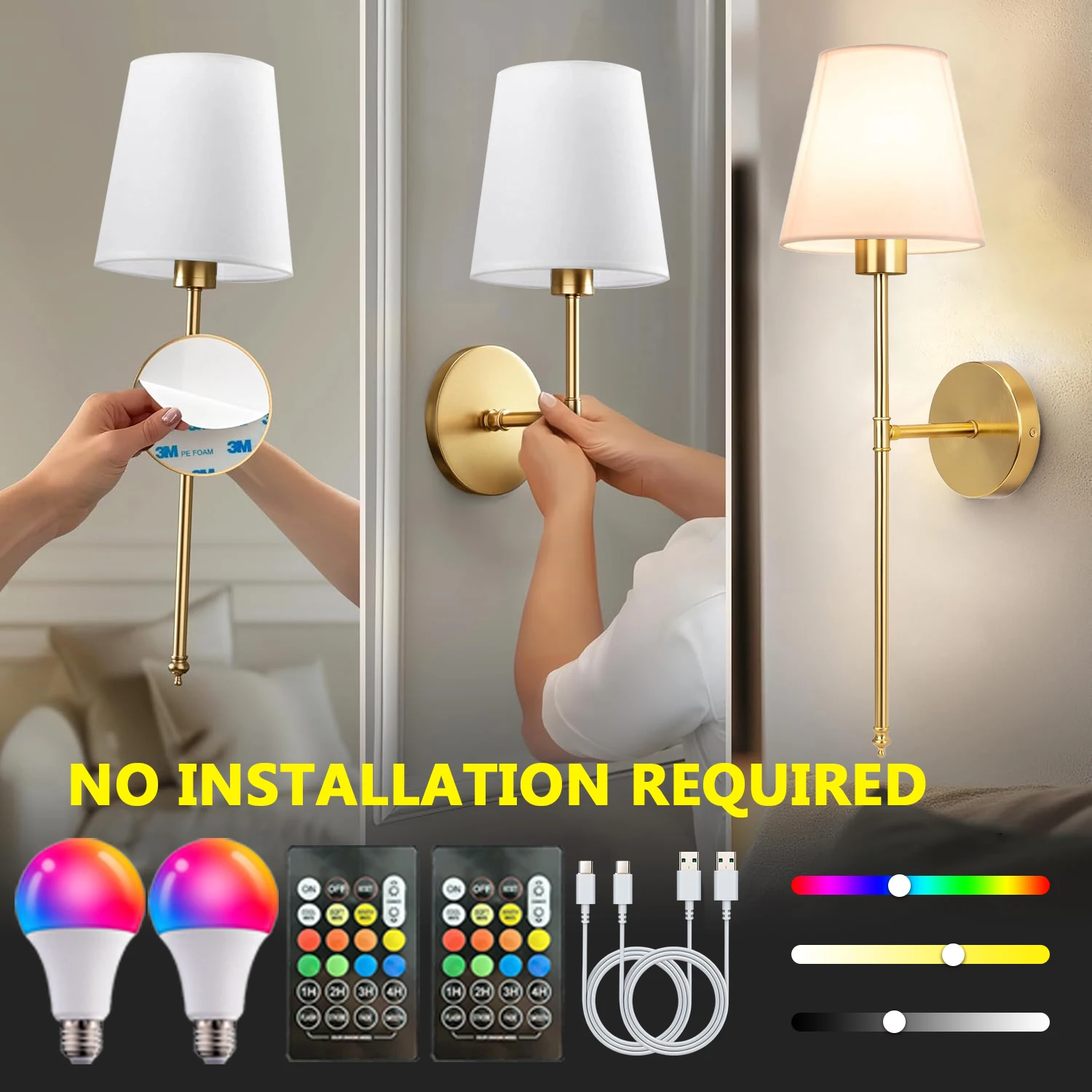 

2P настенные светильники в скандинавском стиле, не требующий установки, перезаряжаемый через USB пульт дистанционного управления, RGB с регулируемой яркостью, спальня, гостиная, домашний декор, настенные светильники