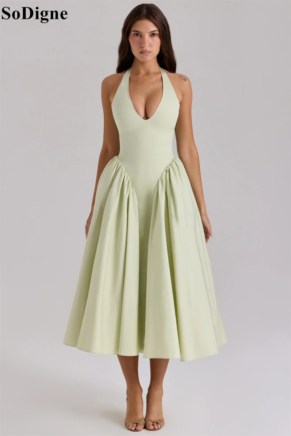 SoDigne Old School Green Evening Dresses A-Line Halter Pleated Simple Spring Sundress Marilyn Style Midi Prom Gowns Customized image 3