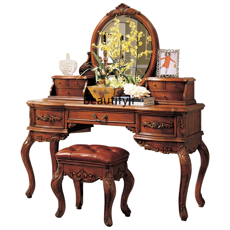 

American country solid wood dressing table mirror stool combination European dressing table bedroom solid wood dressing table