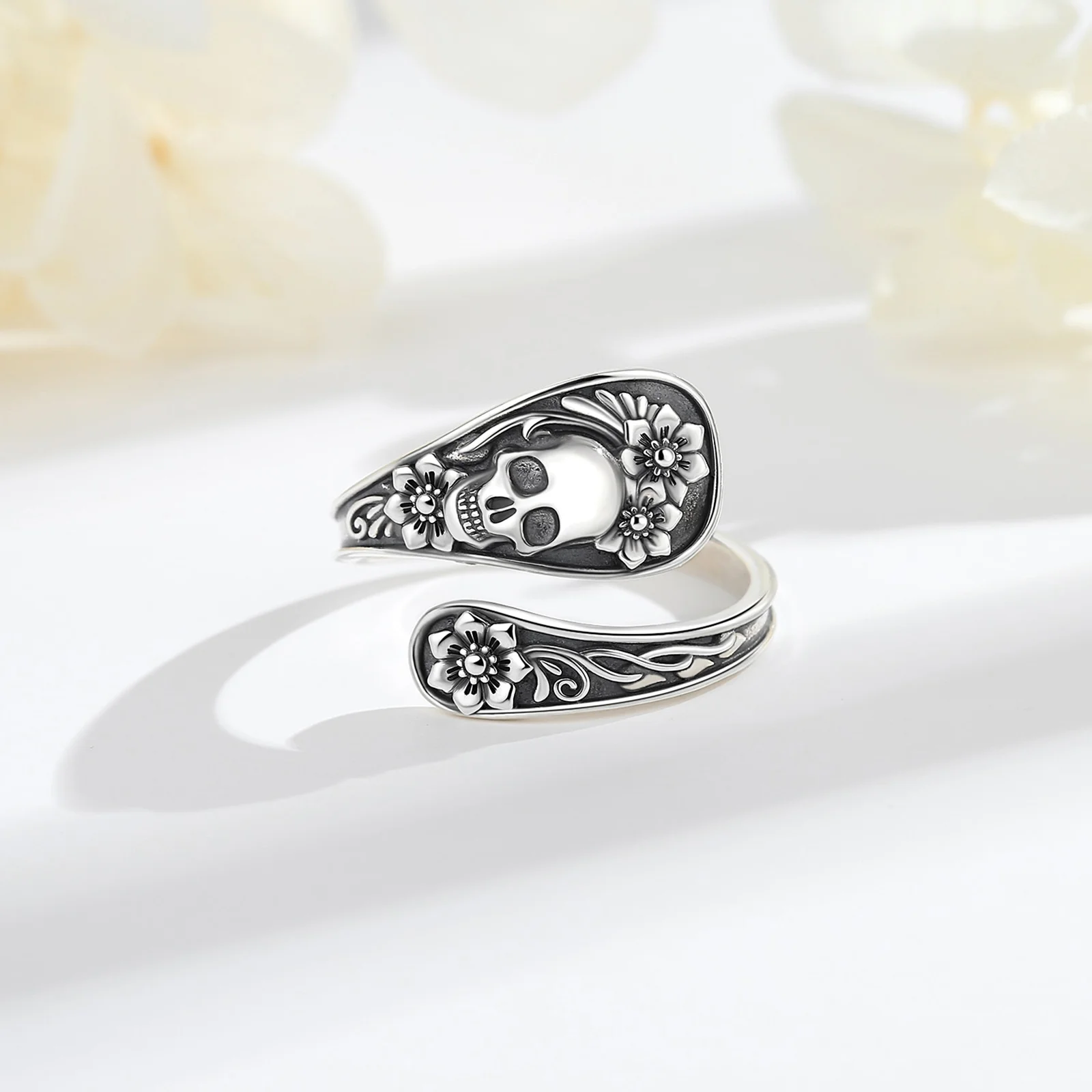 يودورا 925 فضة القوطية الجمجمة ملعقة قابل للتعديل حلقة زهرة الورد الهيكل العظمي الدائري شخصية مجوهرات هدية للنساء رجل