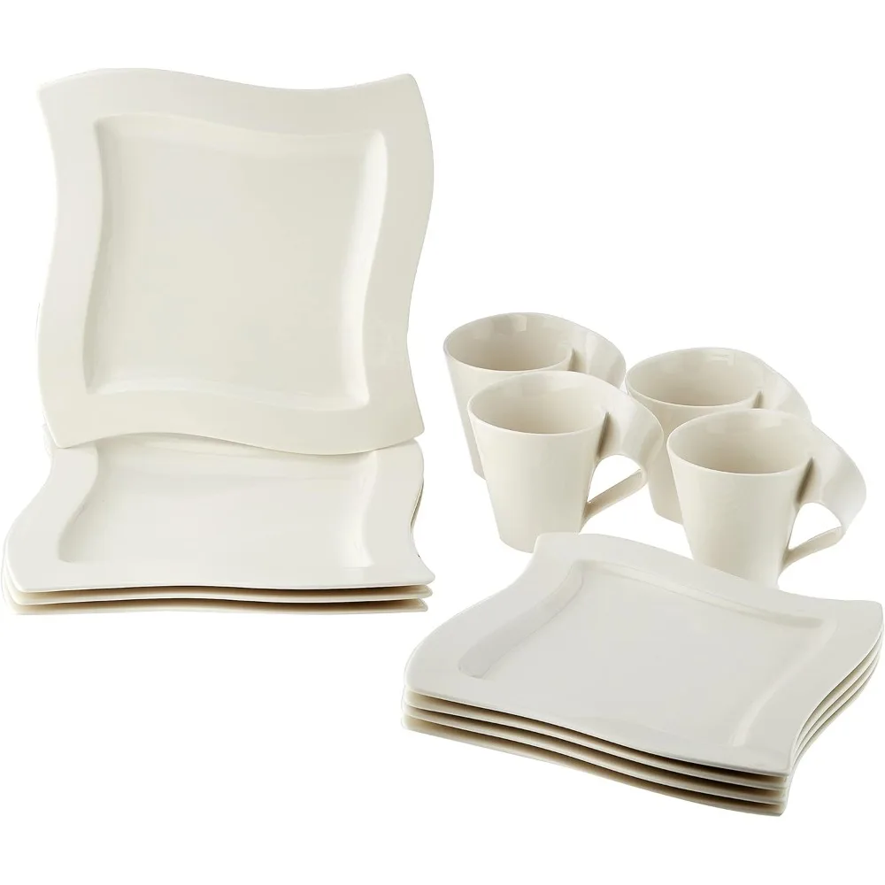 

New Wave tableware, serves 4, easy to clean, exquisite ceramic, four dinner plates, salad plates and mugs