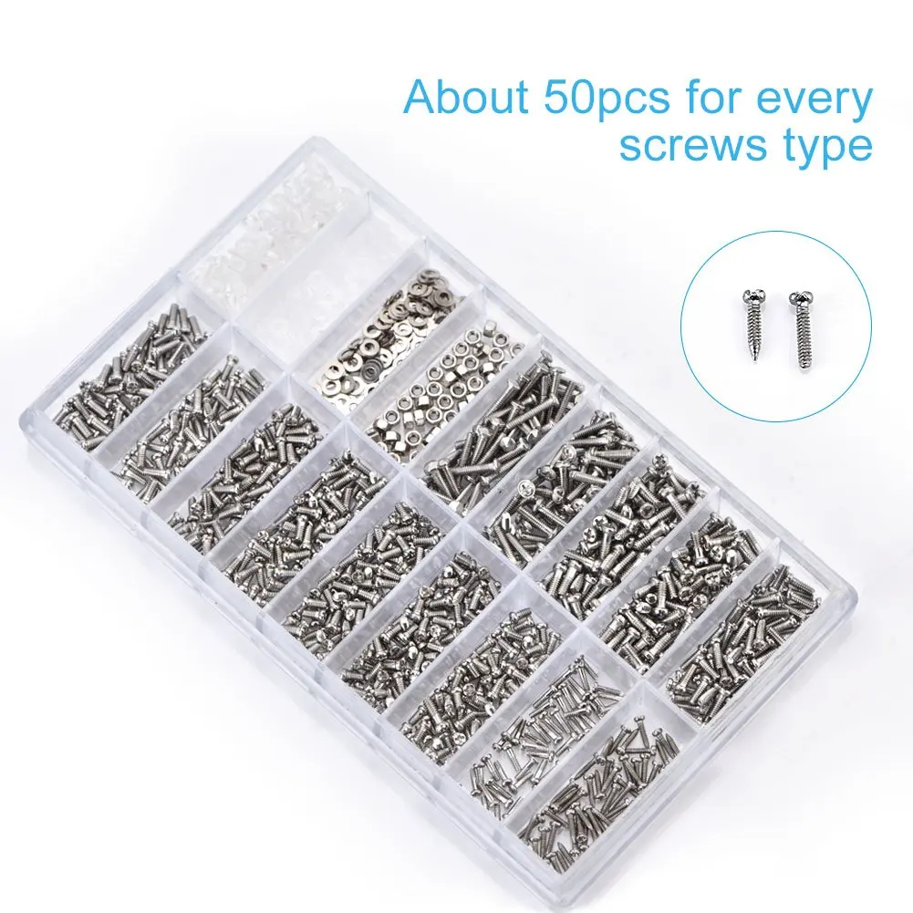 Parafuso substituição Kit Set para Óculos e Reparação do Relógio, Pequenos Parafusos, Variedade Porca, Aço Inoxidável, 1000Pcs