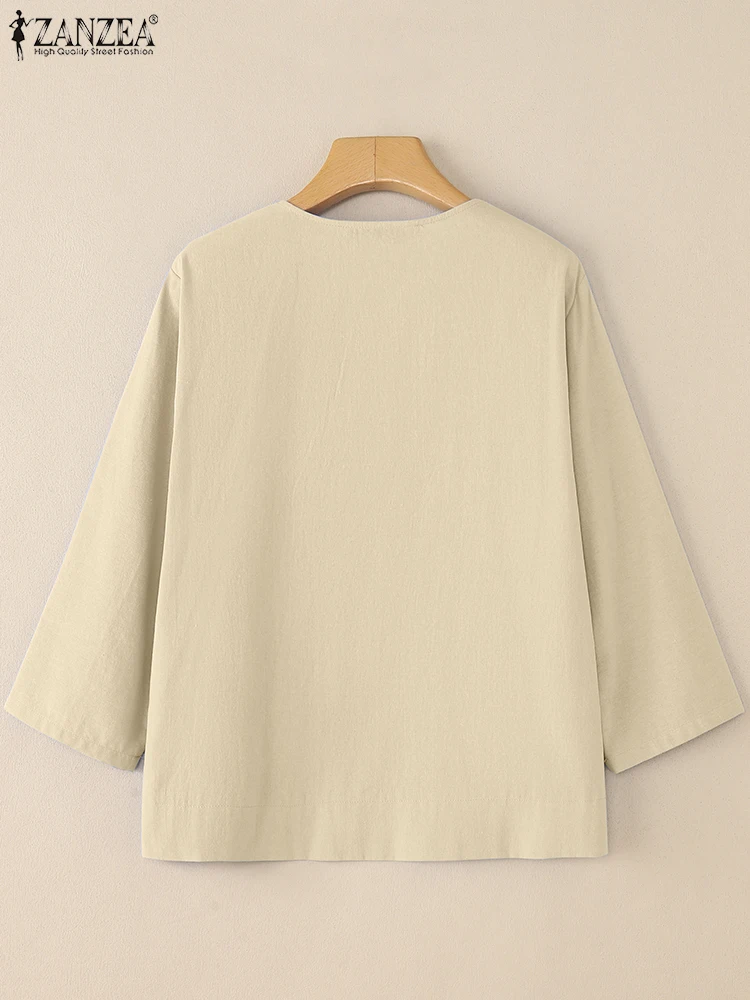 ZANZEA 2025 가을 블라우스 여성 코튼 탑 튜닉 우아한 솔리드 워크 셔츠 캐주얼 V넥 3/4 소매 블루사 여성 루즈 셔미즈