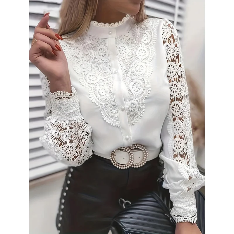 

Solid Contrast Lace Blouse, Elegant Mandarin Collar Long Sleeve Blouse, Women's Clothing