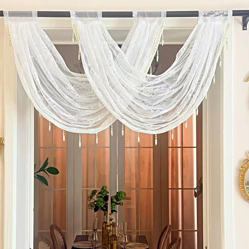 1PC Romantic White Hollow Out Mirror Floral Lace Swag Curtain, Elegant Waterfall Wave Window Valance with Hanging Pearl Tassel B
