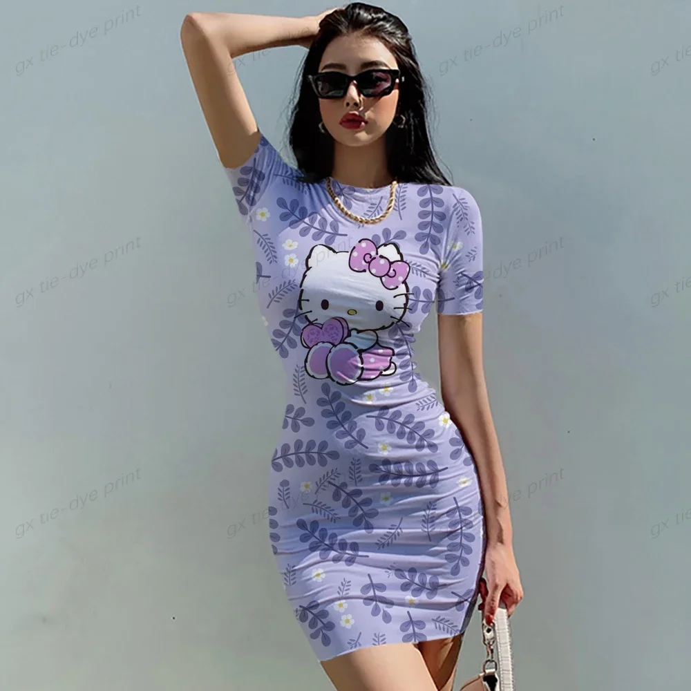 New Hello Kitty Women\'s Summer Mini Party Dress 2023 Slim Hip Sexy Tight Y2K Short Sleeve Round neck Cartoon Dresses Clothes