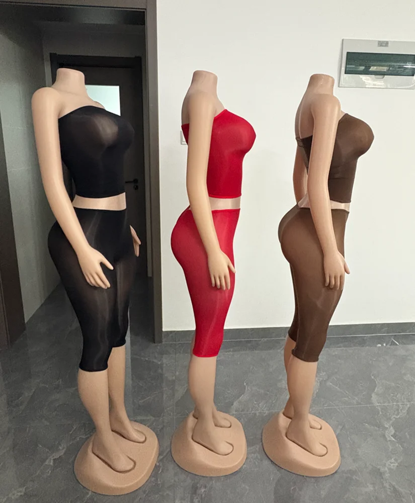2026 Summer Hot Sale Women Sexy Stretchy Sleeveless 2 Piece Tube Mesh See Through Top Cpari Set Night Club Matching Outfit Sets