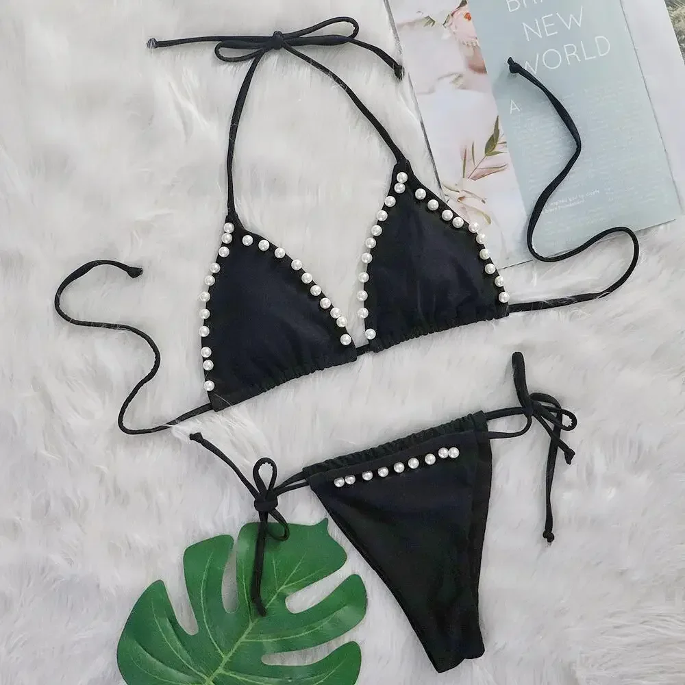 

2026 Micro Bikini Black Pearl Two Piece Swimsuit Sexy Triangle Backless Bathing Suit Low Waist Thong Drawstring Bikinis BZ125