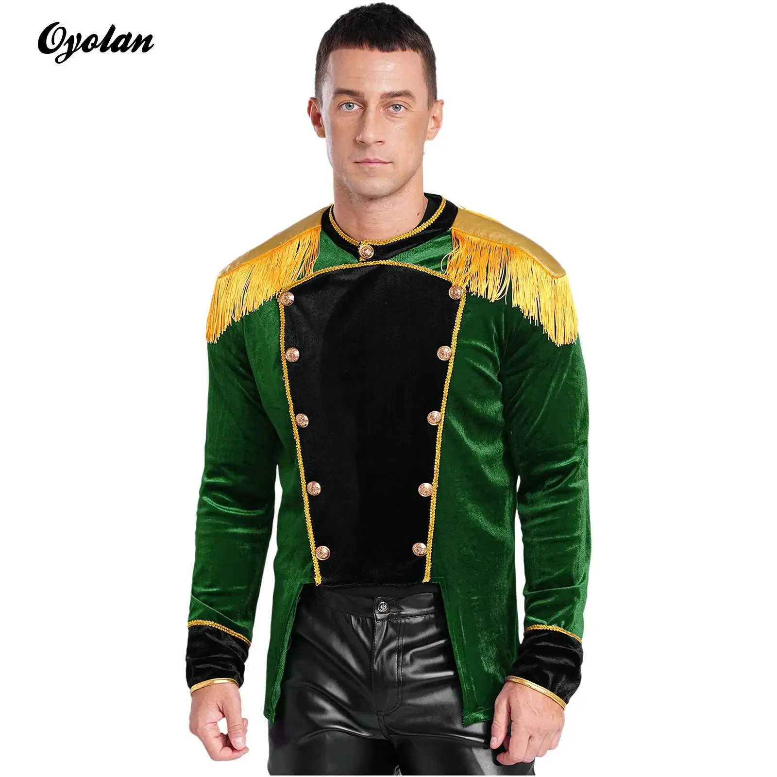 Mens Circus Ringmaster Marching Band Halloween Cosplay Costume Long Sleeve Golden Fringe Epaulet High Low Hem Long Coat Tops