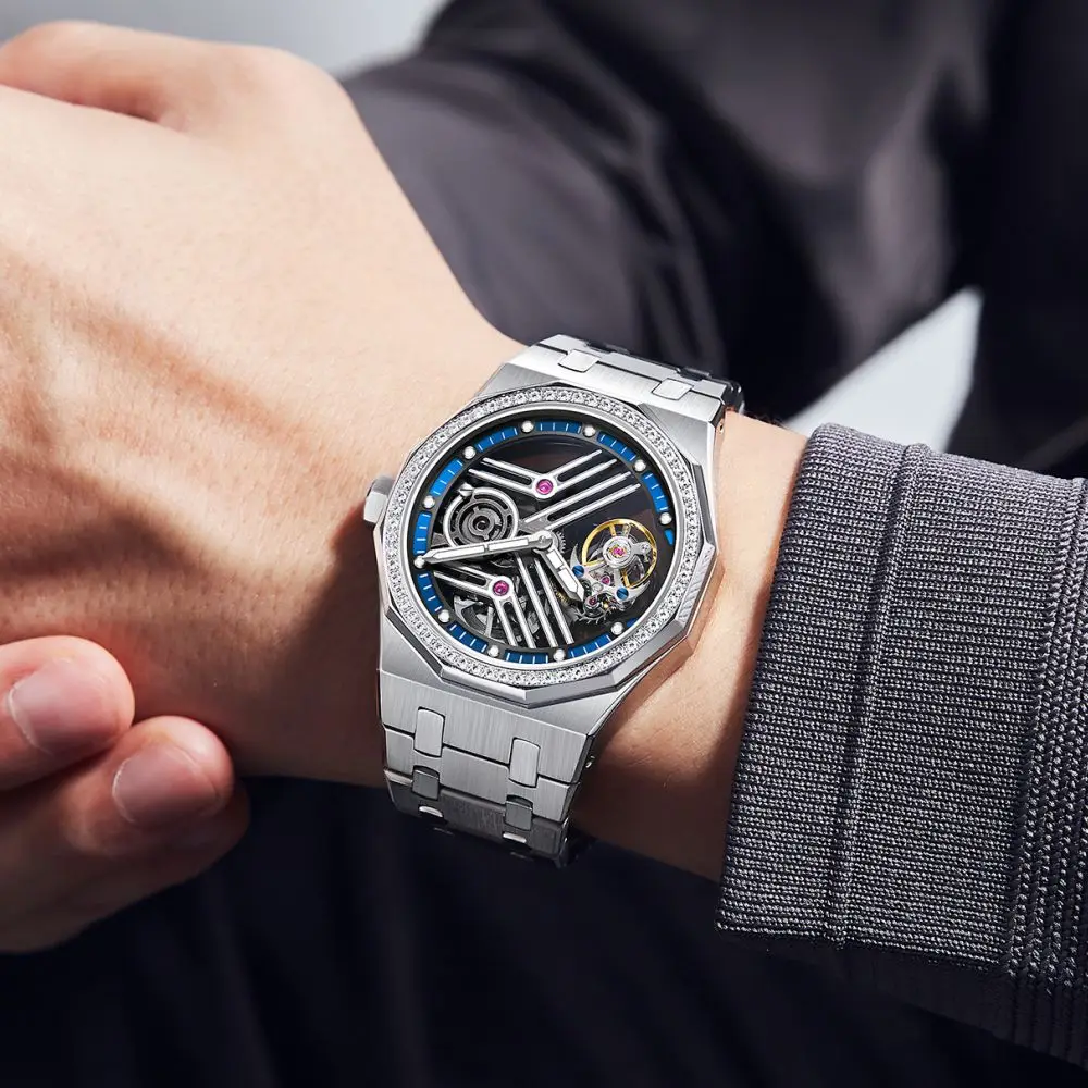 AESOP（manual 7055G）Octagon Tourbillon Mechanical Men Watch, Skeleton Luminous Waterproof 316 Stainless Steel Luxury Wristwatch