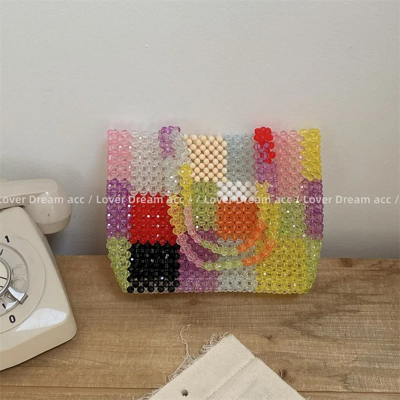 

Women's Fashion Ins Splice Knitted Shoulder Bag New Colorful Transparent Beaded Handbag Large Capacity Versatile Shopping Bags