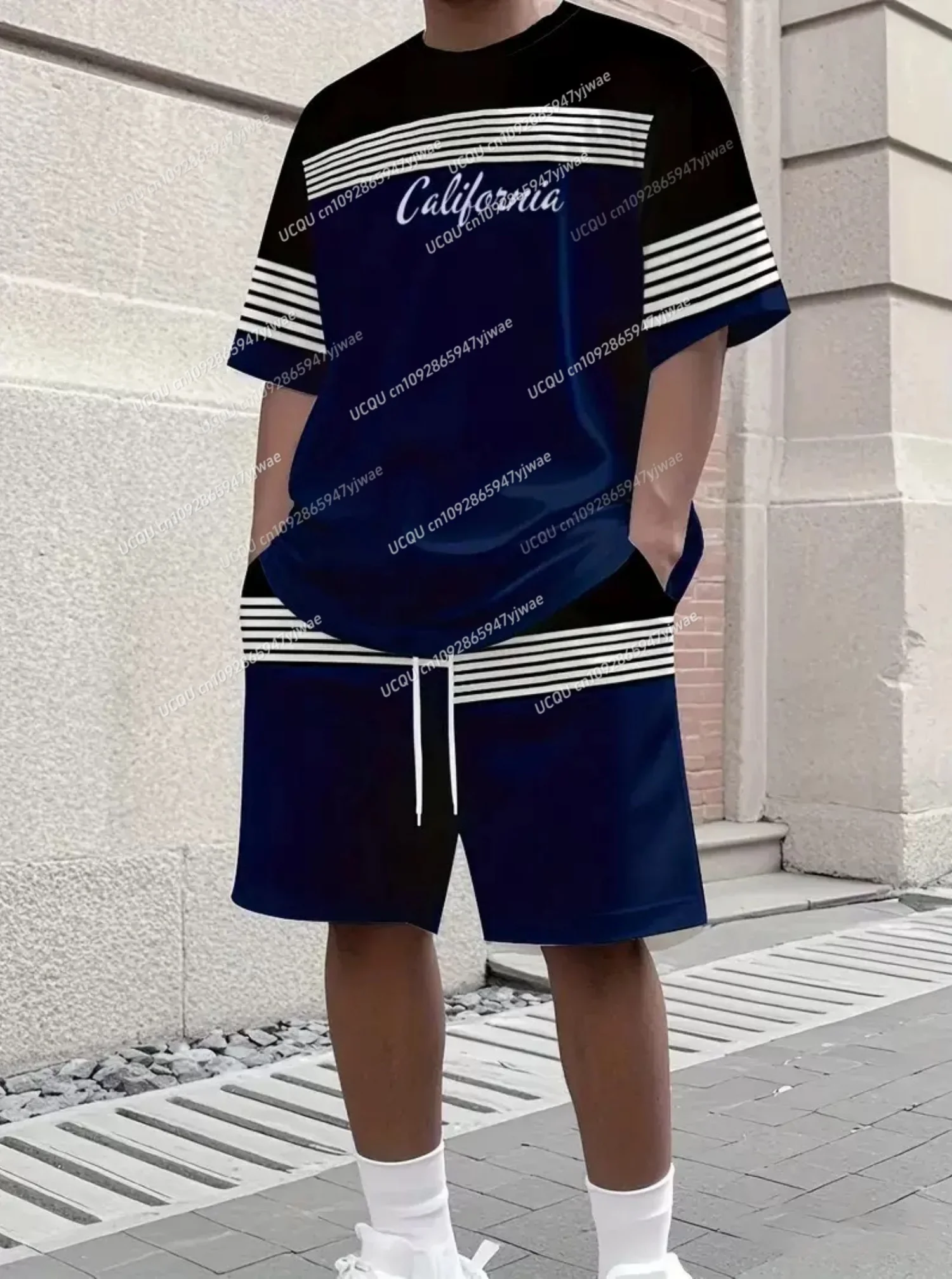 

2025 Men's California stripe Print Short Sleeve T-Shirt & Shorts Set Round Neck jogging Short Sleeved Women's T-shirt Shorts Set