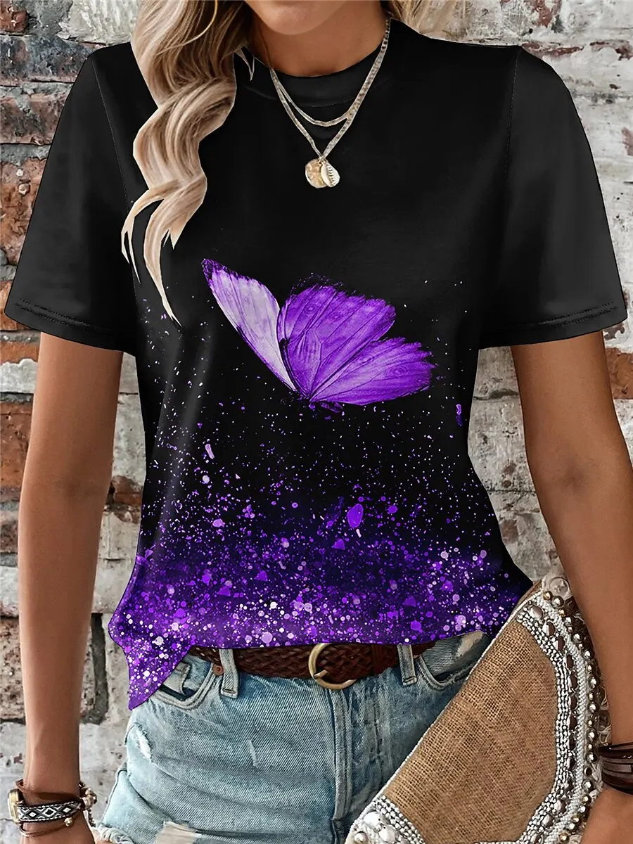 

Butterfly & Glitter Gradient Print Casual T Shirt Crew Neck Short Sleeve Tee For Women Summer Holiday Travel And Daily Outfits