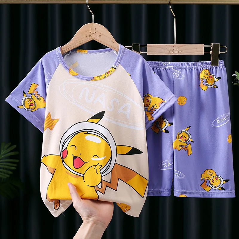 Fashion Kids Clothes Boys Girls Sets Pokemon Cartoon Home Clothing Set Comfortable Pajamas Set T-shirt Shorts  Suit