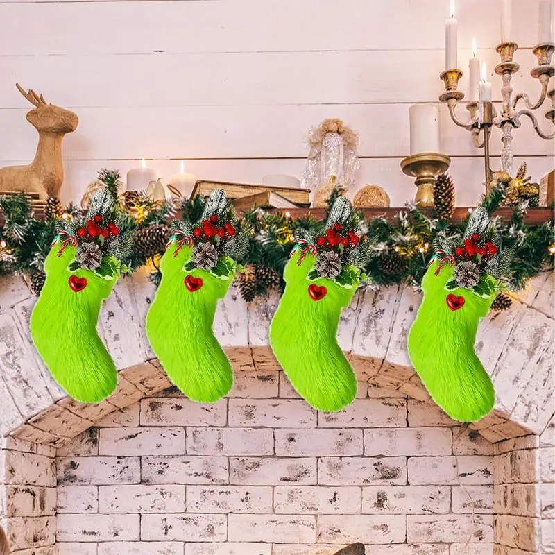 Green Christmas Stockings 9inches Christmas Stockings 6pieces Green Treat Bags Faux Flush Candy Pouch Fireplace Christmas Decor