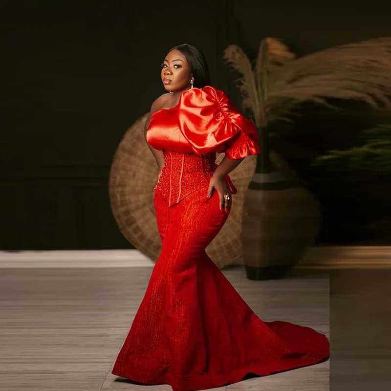 Aso Ebi Style Ruffles Plus Size Evening Gowns African Women Formal Party Dress Robe Red One Shoulder Mermaid Prom Dresses