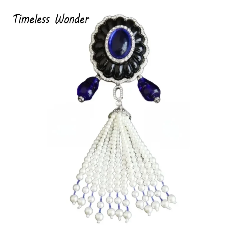 Timeless Wonder Fancy Crystal Glass Beaded Tassel Brooch Pins for Women Designer Jewelry for Gown Runway Rare Luxury Set 5386