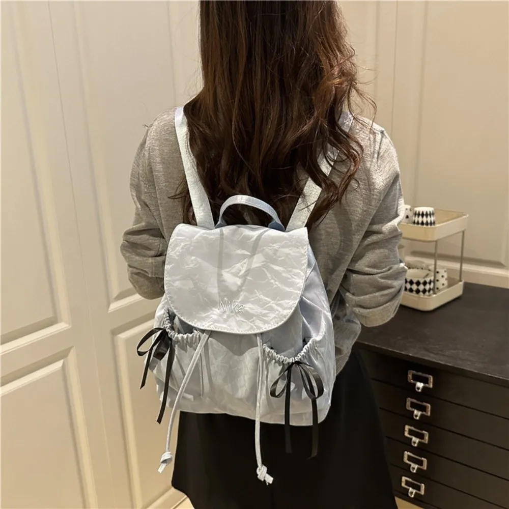 Fashion Cute Knot Women's Backpack Large Capacity Drawstring Students Bookbag Solid Color School Backpack Outdoor