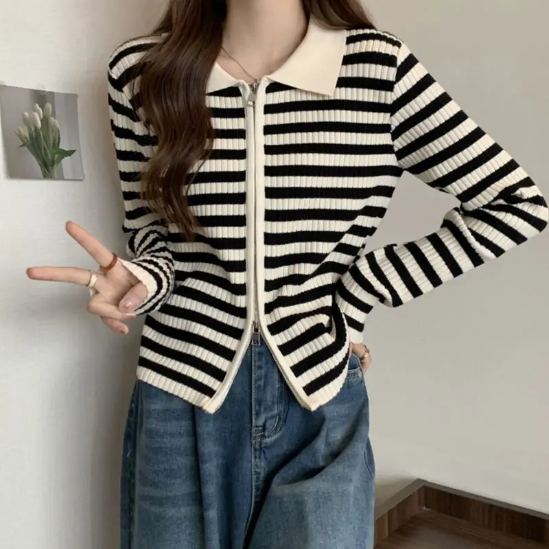 

Female Clothing Striped Cardigan Knitted Polo-Neck Autumn Winter Stylish Zipper Casual Contrasting Colors Long Sleeve Sweaters