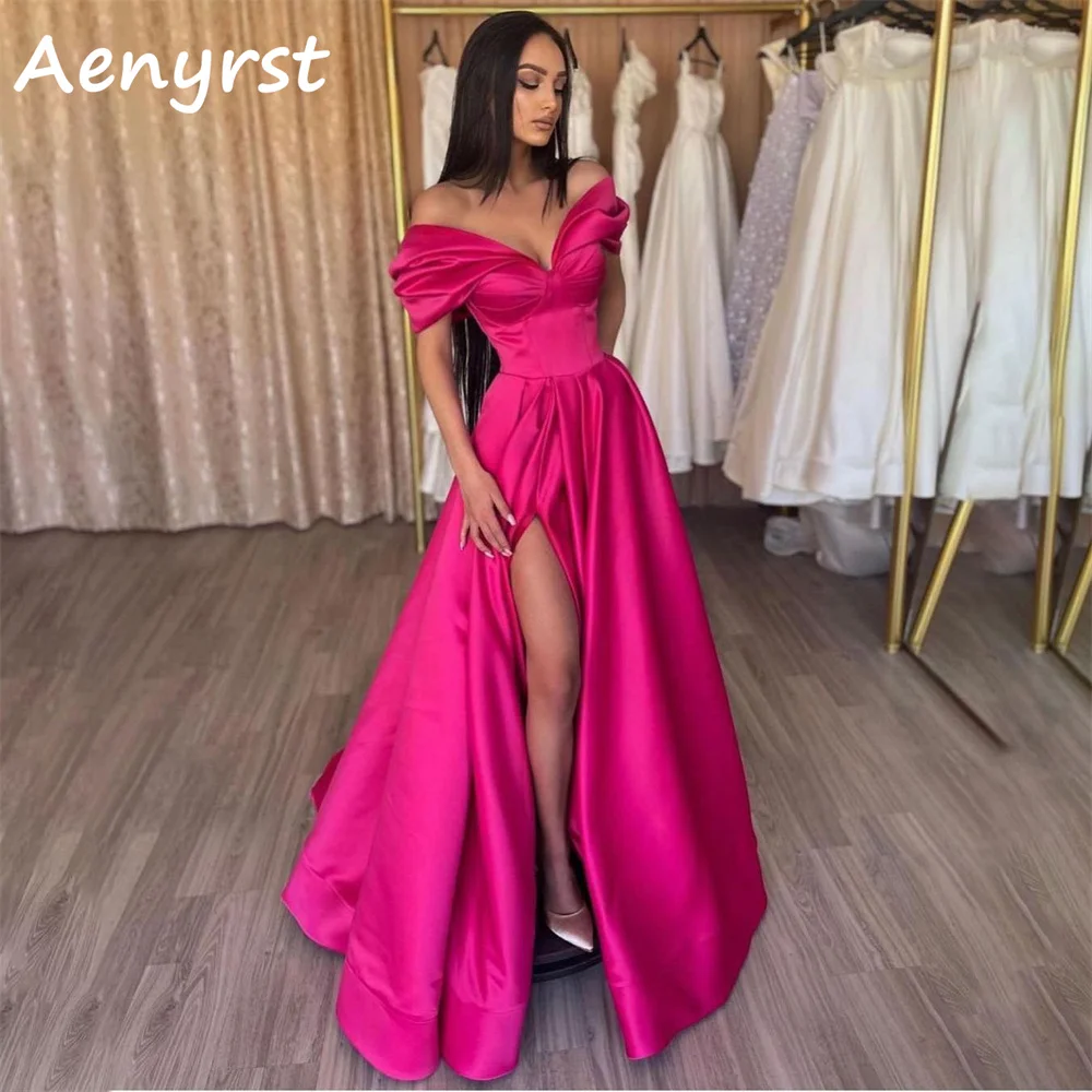 

Aenyrst Rose Red Off The Shoulder Satin Evening Dresses A Line Side High Split Prom Dress Floor Length Formal Occasion Gowns