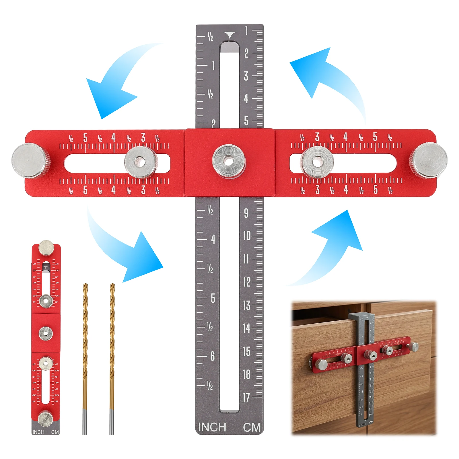 

Woodworking Drill Guide Cabinet Hardware Jig with Drill Bit Adjustable Punch Locator Drills Guide Template Tools for Drawer Door