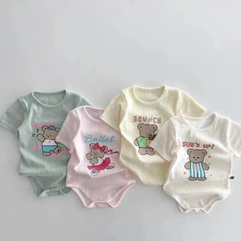 

2025 Summer New Baby Short Sleeve Bodysuit Thin Infant Boy Girl Cute Bear Breathable Home Jumpsuit Cotton Newborn Clothes 0-24M