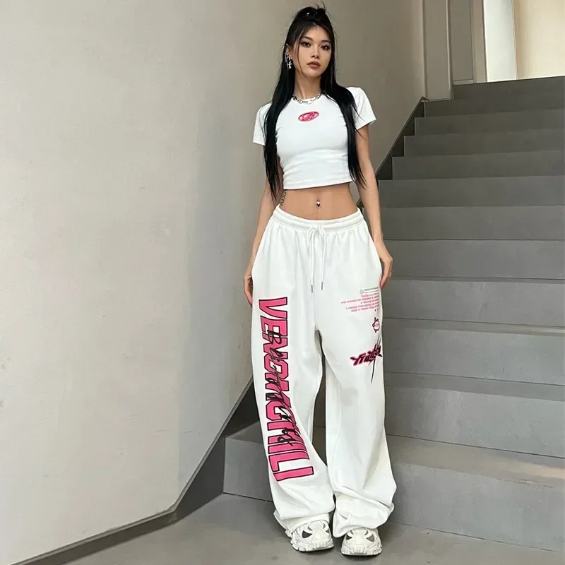 Pantalones de chándal blancos para mujer, ropa de calle coreana Y2K, pantalones deportivos Harajuku, pantalones de pierna ancha con letras de Hip