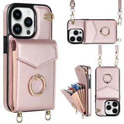 Ring Stand Crossbody Lanyard Leather Case For iPhone 16 15 14 13 12 11 Pro XS X 7 8 Plus RFID Blocking Organ Cards Holder Cover