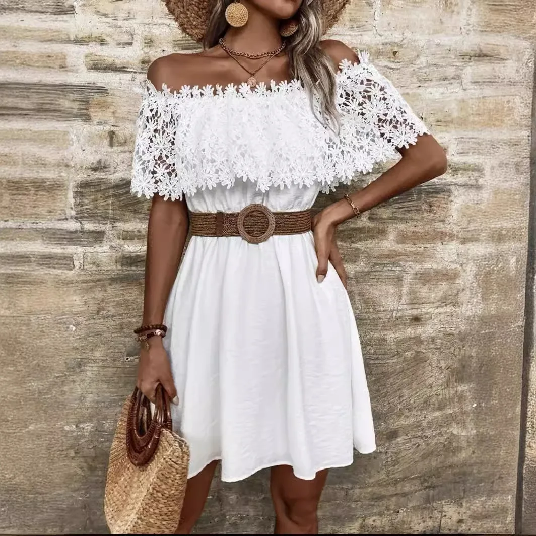 

Mini Dress Women White Dresses Off Shoulder Lace Floral A Line Vestidos Streetwear Y2k Elegant High Waist Party Night Slim 2025