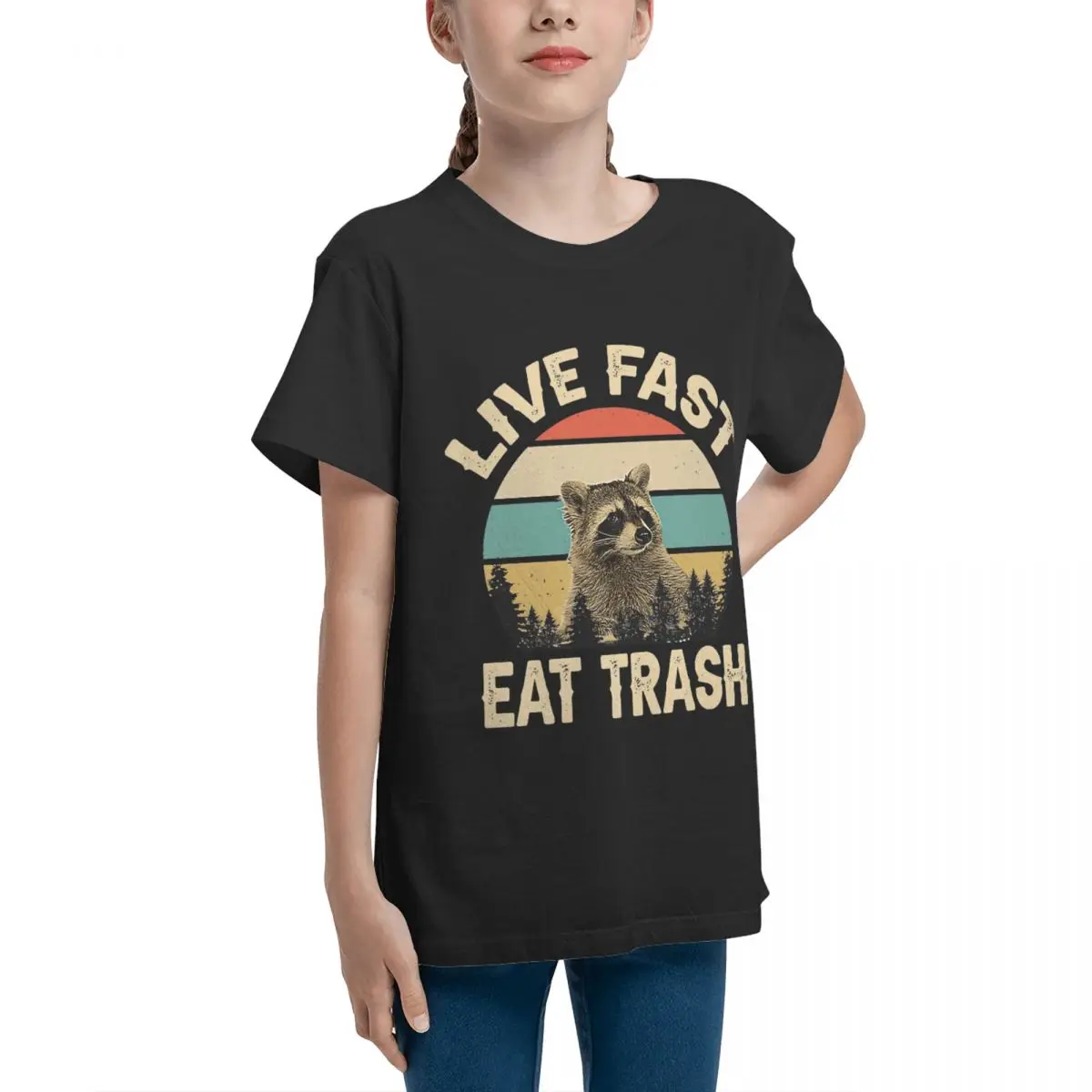 Teenagers Basic Short Sleeve T-Shirt Live Fast Eat Trash Funny Raccoon Essenti Round neckVintage Tshirt  Quality Geek Teenagers