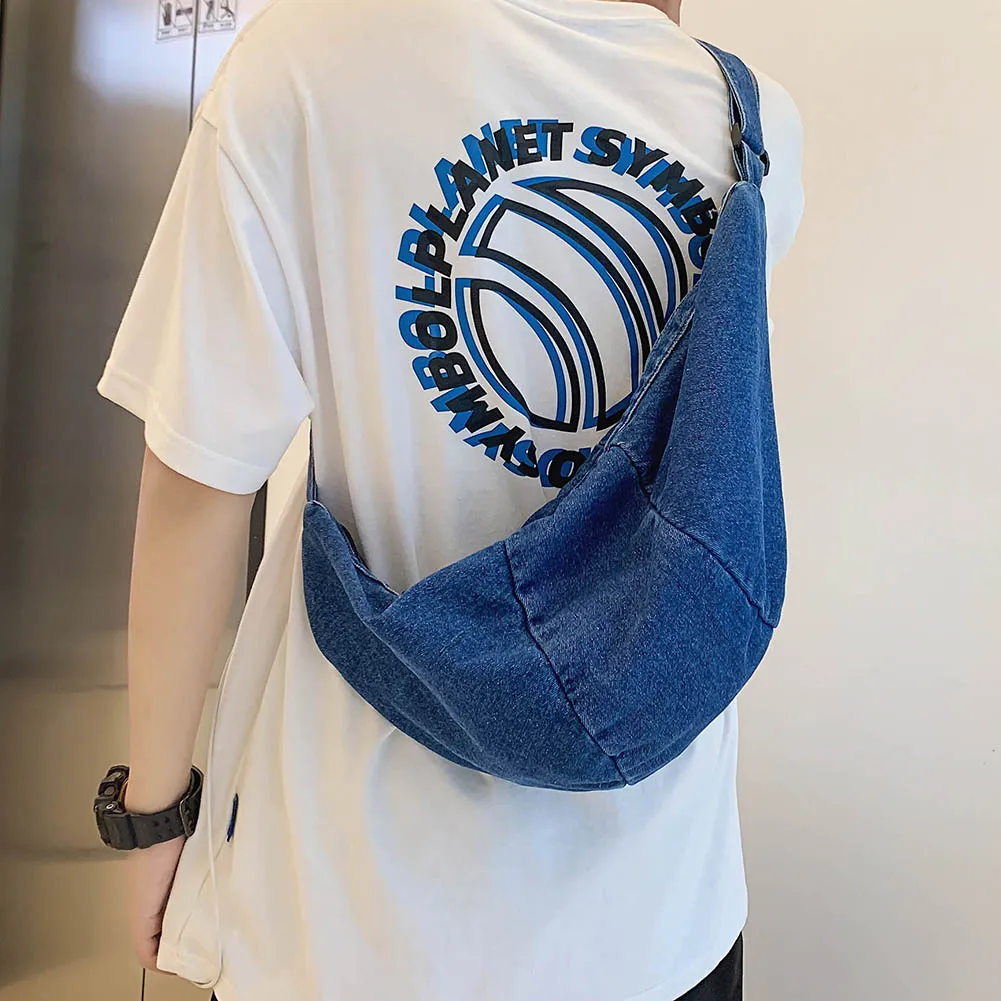 

Unisex Hobo Sling Bag Adjustable Strap Denim Retro Shoulder Bag Zipper Closure Large Capacity Daily Dating Bag for Women Men