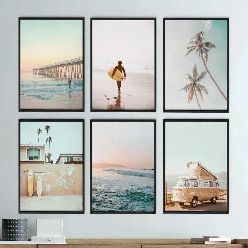 Summer California Surf Beach Sunset Surfboard Coastal Posters and Prints Canvas Printing Wall Art Picture for Living Room Decor